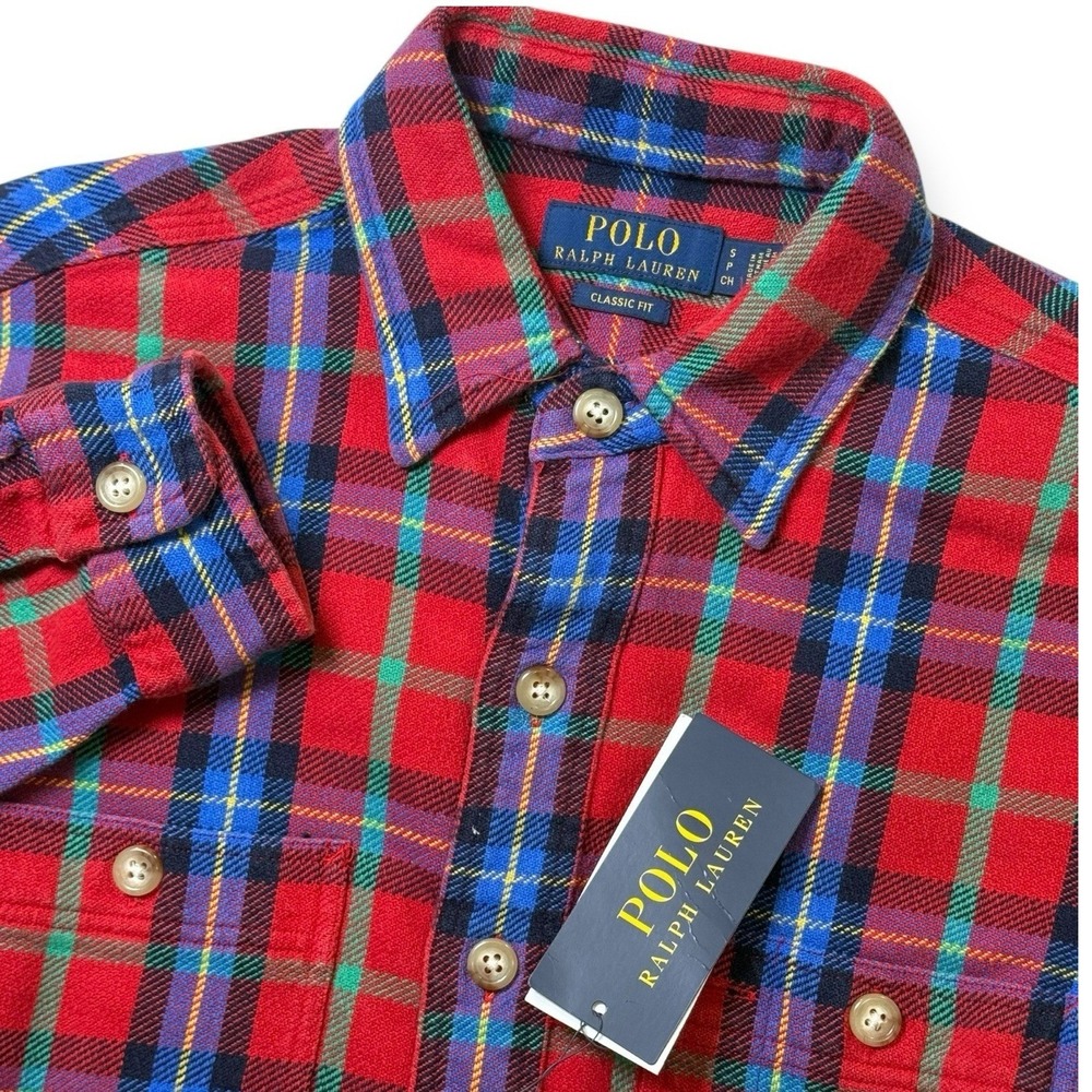 Polo Ralph Lauren Button Down Flannel‎ Heavy Mens S Red Blue Plaid Classic Fit